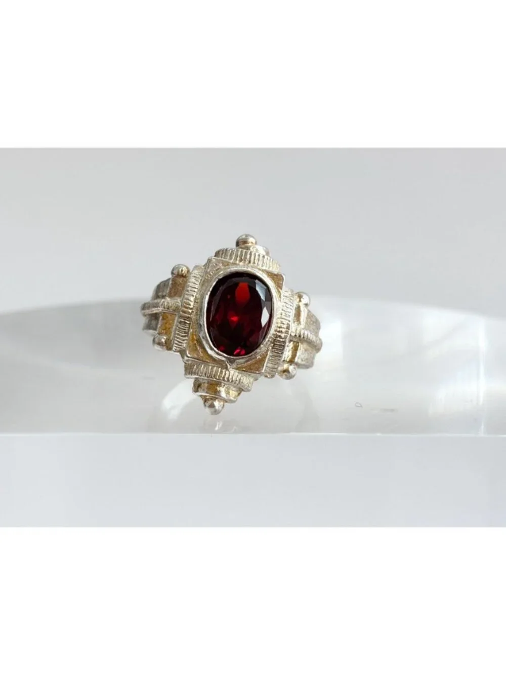 Art Deco Garnet Gemstone Geometric Sterling Silver 925 Vintage Ring - sz 8.75